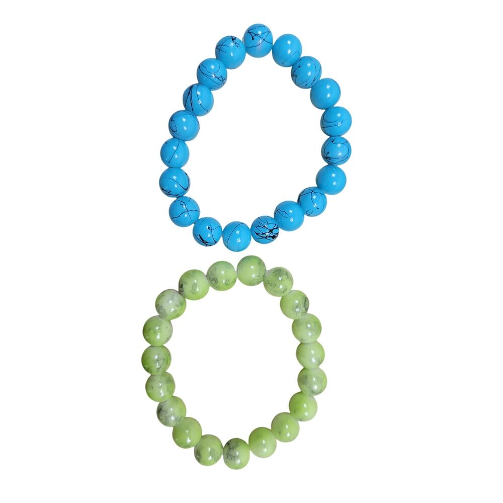 Handmade Blue & Lime Green Beaded Stretch Bracelets - Set of 2